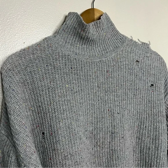 Zenana Gray Distressed Turtleneck Sweater XS Funfetti Speckled Cutout Cable Knit - Picture 3 of 9